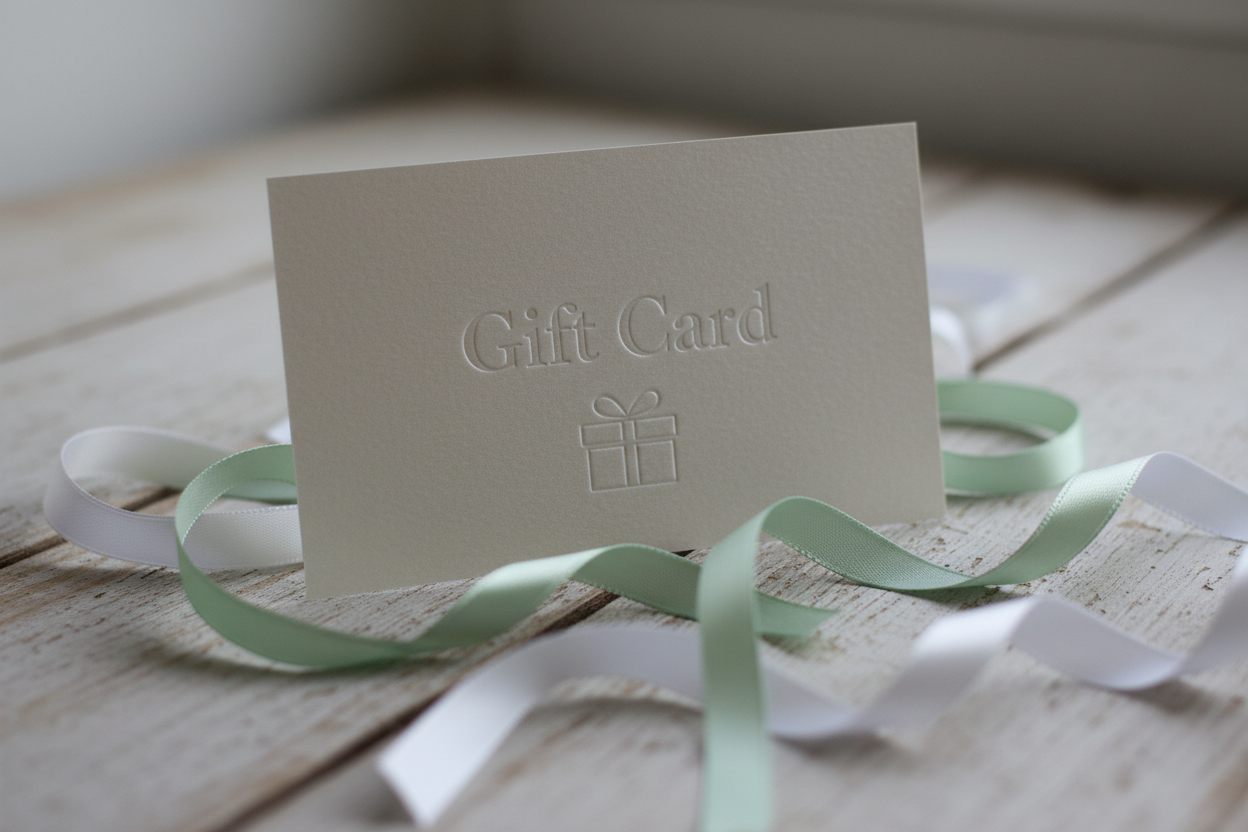 a close up picture of a gift card, That has the words Gift Card printed on it, sitting on a wooden surface with scraps of pastel green and white ribbon around the card